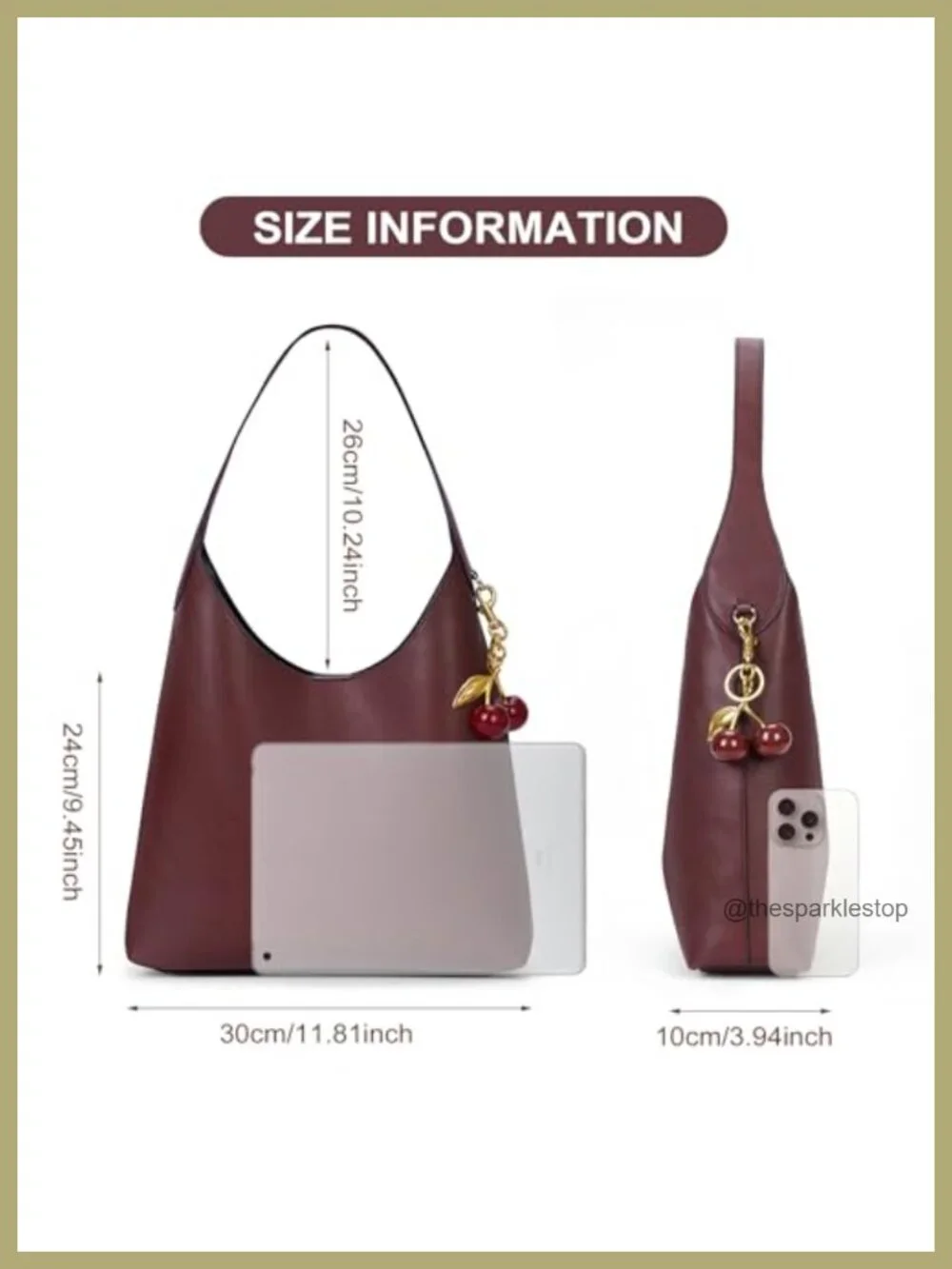 Faux Suede Hobo Bag Vegan Leather Shoulder Tote with Cherry Charm Slouchy